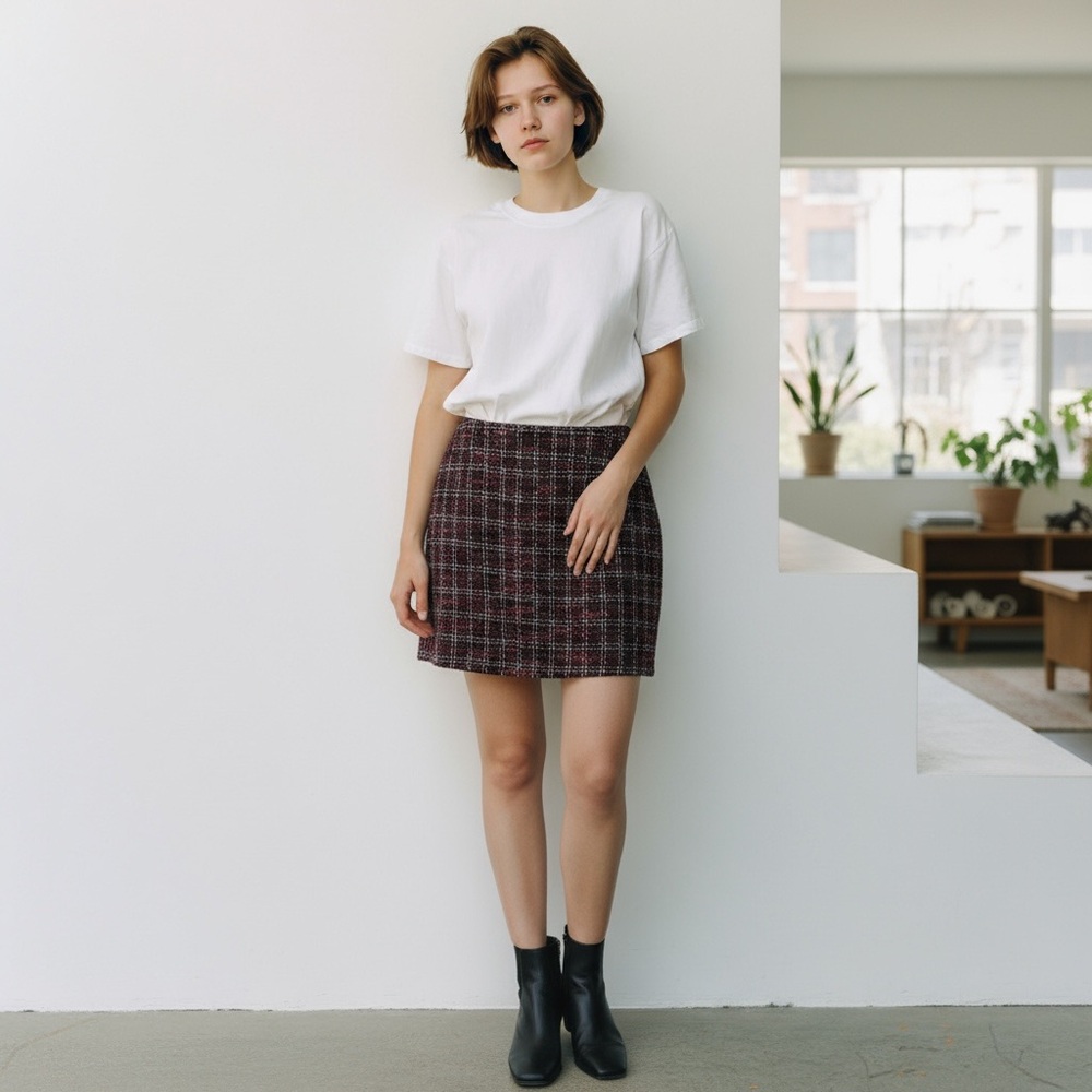 Maison Jules Plaid Tweed Mini Skirt - Red and Black